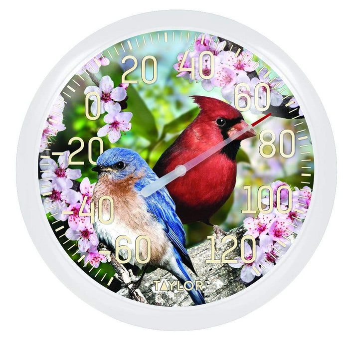 13.25 inch Cardinal and blue bird dial thermometer with floral background