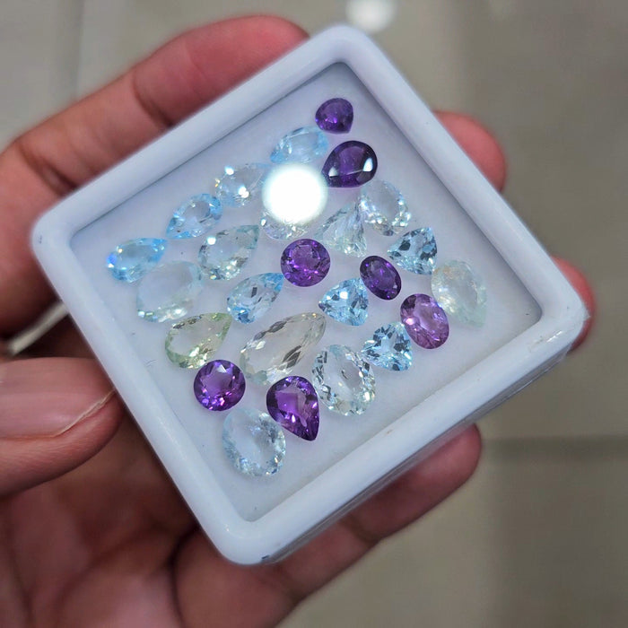 23.8cts Of Natural Amethyst, Blue Topaz, White Topaz Faceted Gemstone | Mix | Size: 5-11mm | 25pcs - The LabradoriteKing