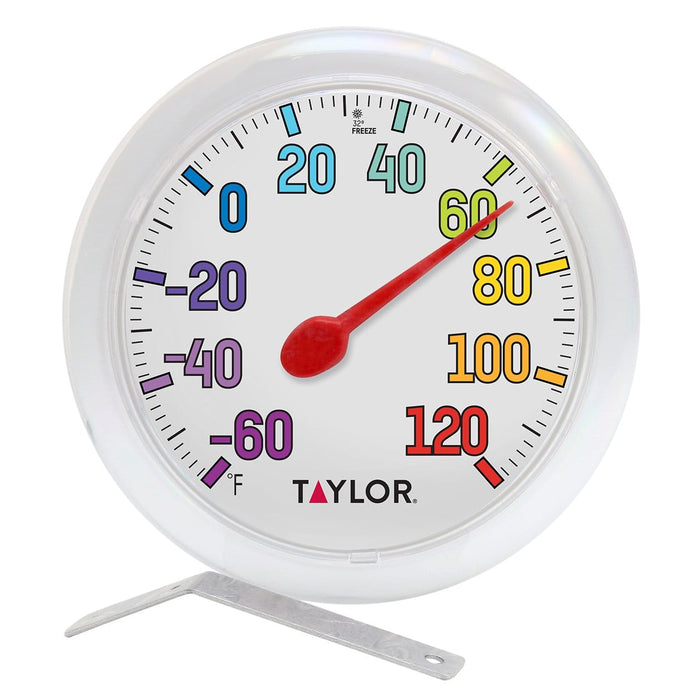 Six inch Colortrak dial thermometer with white housing and multicolor Fahrenheit scale and red indicator