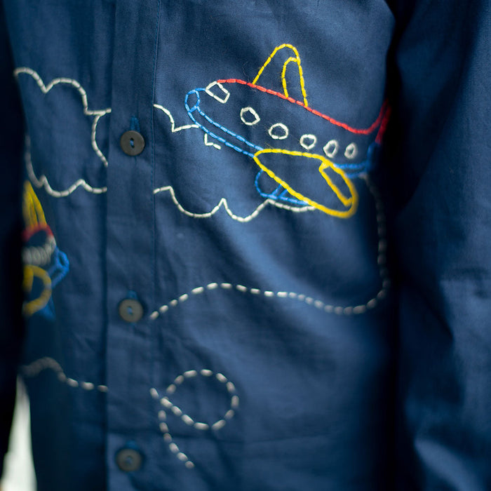 Aeroplane Embroidered Organic Cotton Shirt - Navy (1-14 Years)