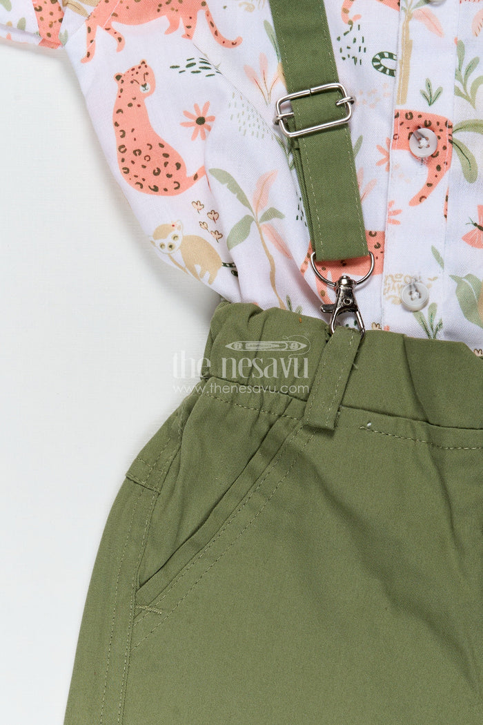 The Nesavu Boys Casual Set Animal Print Baby Boy Shirt with Olive Green Shorts and Matching Bow Tie for Smart Daywear Nesavu Nesavu Animal Print Baby Boy Shirt Set Olive Green Shorts Cotton Bow Tie