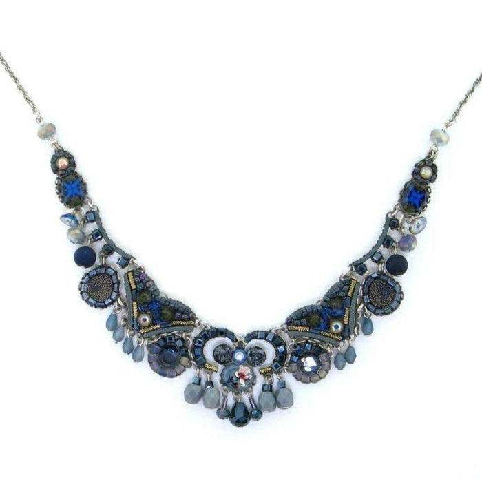 Autumn Skys necklace: Statement beaded necklace in blues and grays with silver accents.