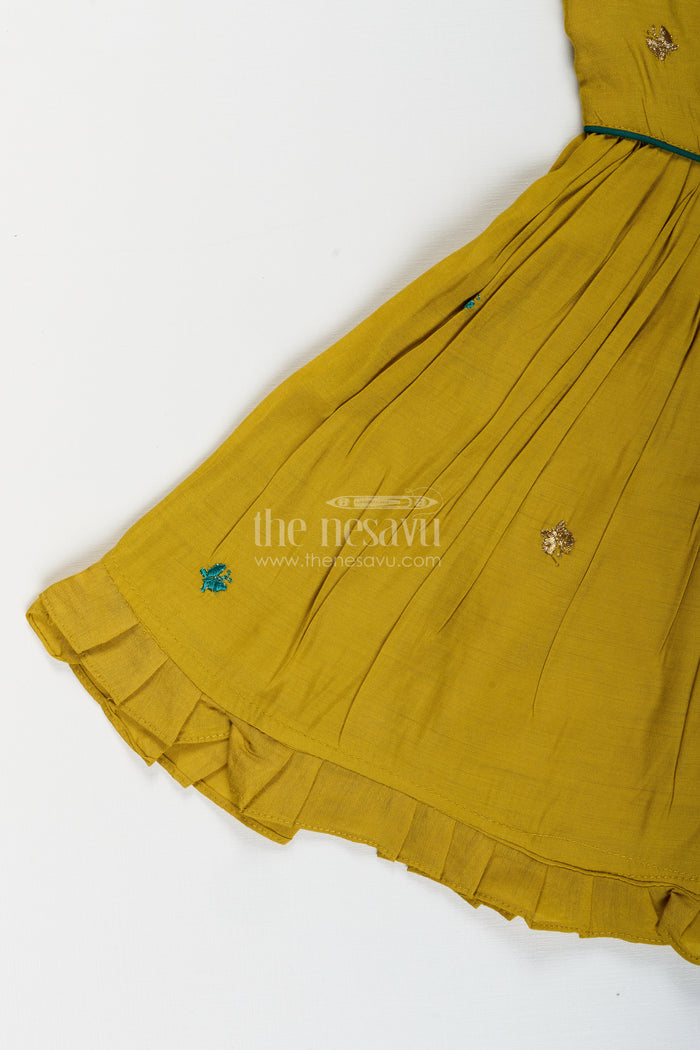 The Nesavu Girls Chanderi Frock Baby girl chanderi frock for casual family outings Nesavu Nesavu mustard chanderi frock for baby girls with playful dog embroidery for casual occasions