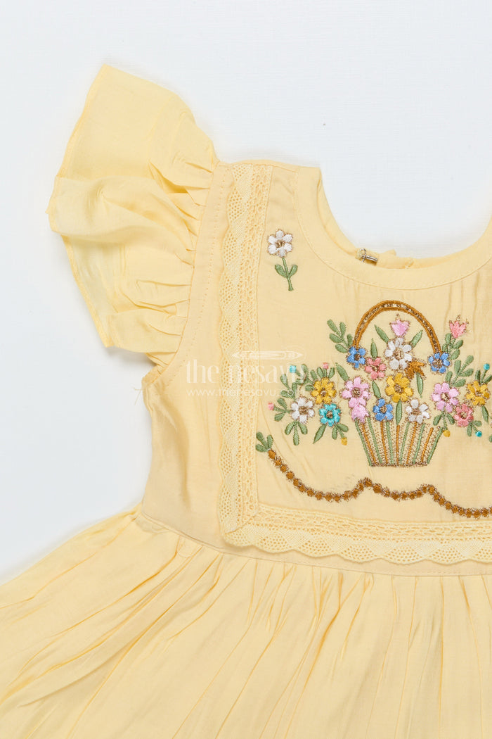 The Nesavu Girls Chanderi Frock Baby Girl Chanderi Frock with Floral Embroidery for Naming Ceremony Nesavu Nesavu baby girl chanderi frock floral embroidery naming ceremony festive wear