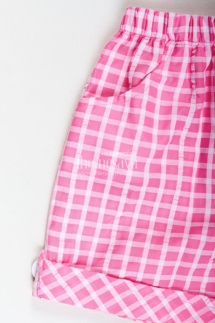 The Nesavu Baby Casual Sets Baby Girl Outfit Checked Shorts with Embroidered Yoke Nesavu Nesavu Soft Cotton Baby Girl Casual Set Embroidered Yoke Gingham Pink Shorts Playtime
