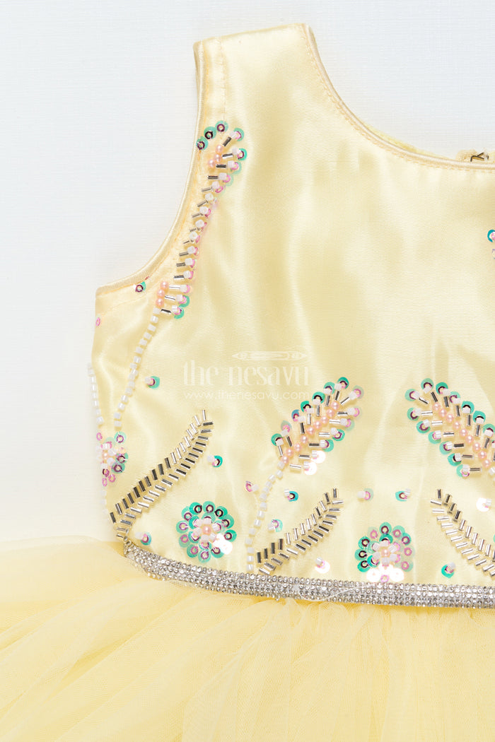 The Nesavu Girls Fancy Party Frock Baby Girl Party Frock with Beaded Yoke and Fluffy Net Skirt Nesavu Nesavu baby girl yellow party frock with bead-embellished satin bodice and net skirt