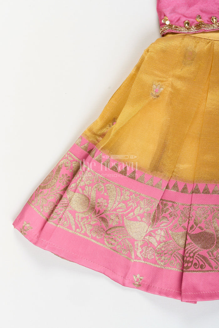The Nesavu Silk Frock Baby girl traditional silk frock for birthday and ethnic photoshoots Nesavu Nesavu pink and yellow silk frock for baby girls with tissue bottom ideal for birthdays and naming functions