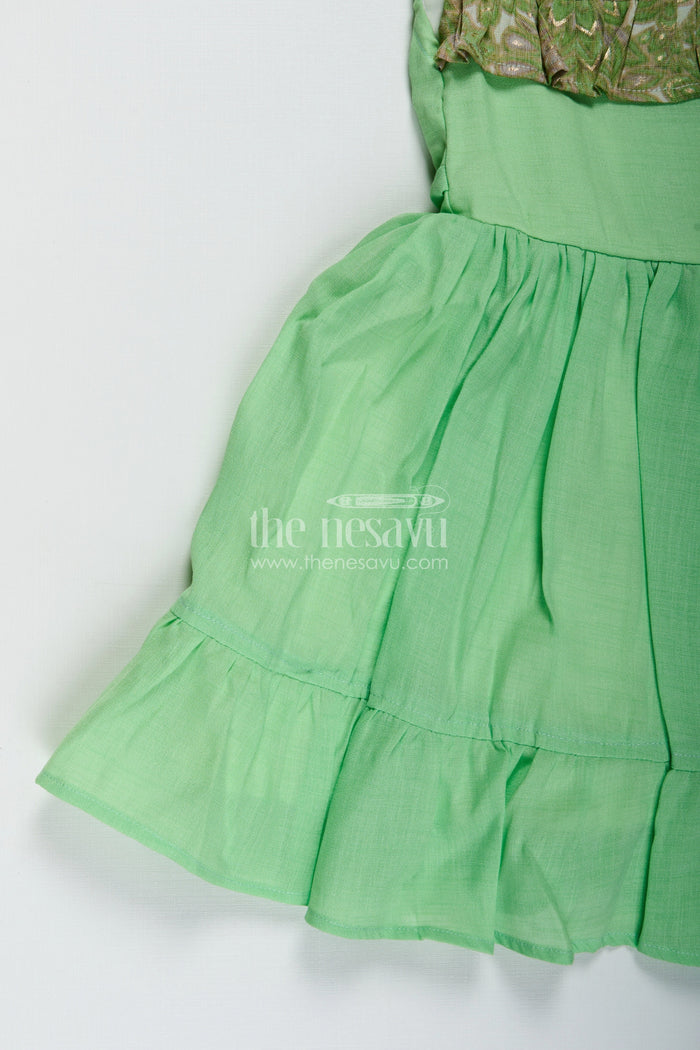 The Nesavu Girls Cotton Frock Baby Girls Green Cotton Frock Printed Ruffle Yoke Dress for Birthdays Nesavu Nesavu Green Frock Baby Girls Cotton Dress Printed Ruffle Yoke Birthdays