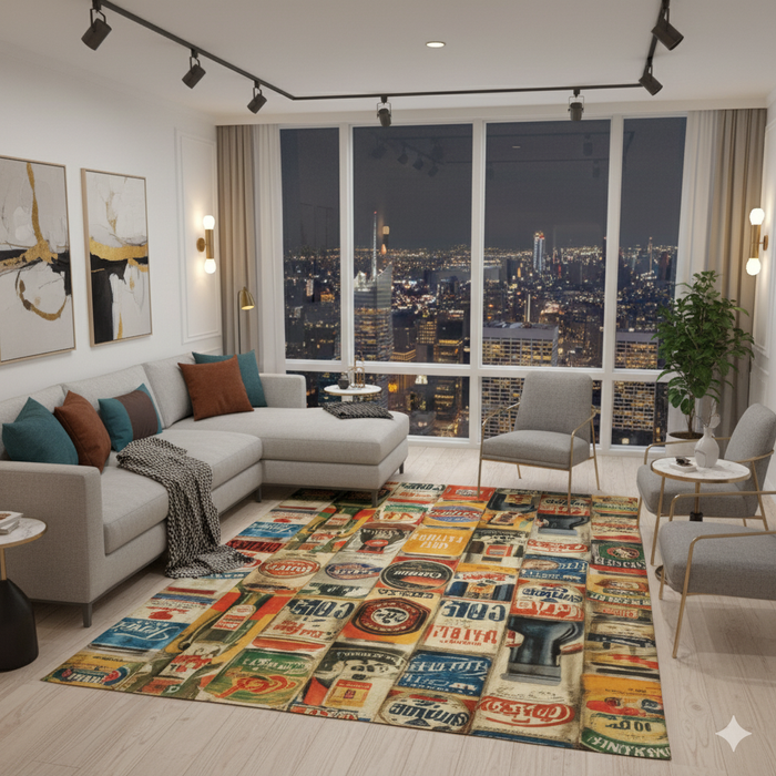 Beer Can Collage Area Rug
