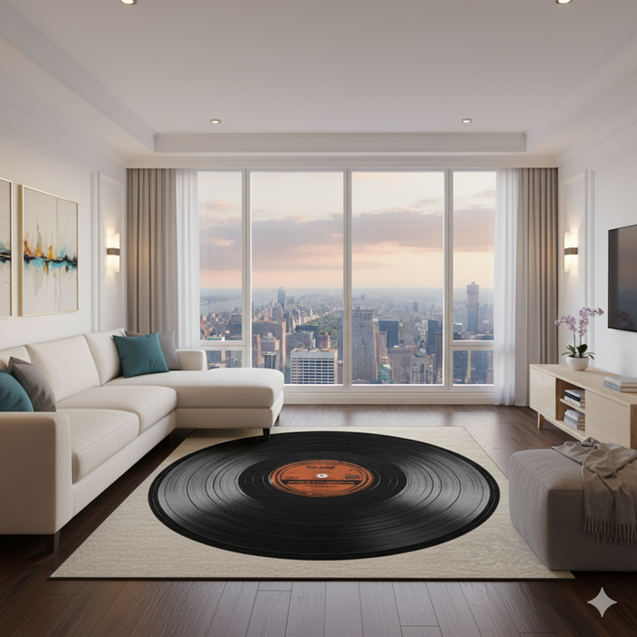 Black Record Center Area Rug