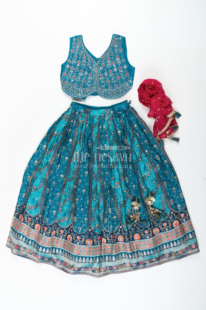 The Nesavu Girls Lehenga Choli Blue Color Lehenga Choli for Girls in Pure Viscose Silk with Mirror Embroidery and Printed Dupatta Nesavu Nesavu Blue Color Lehenga Choli for Girls in Pure Viscose Silk with Mirror Embroidery and Printed Dupatta