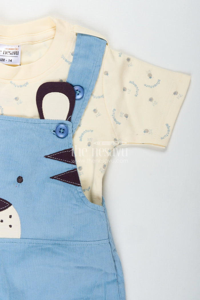 The Nesavu Boys Casual Set Blue Dungaree for Baby Boys with Animal Face Embroidery and Light Yellow Adventure Tee Nesavu Nesavu Blue Dungaree Baby Boys Corduroy Overalls Adventure Print T-Shirt