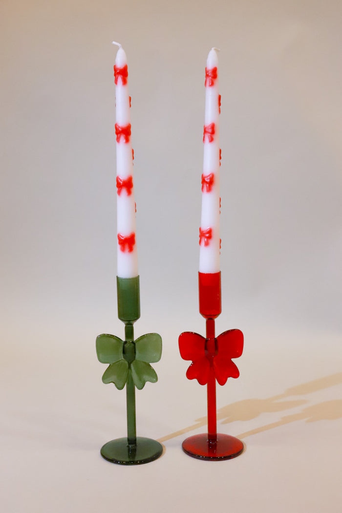 Bow Accent Taper Candles - White/Red - FINAL SALE