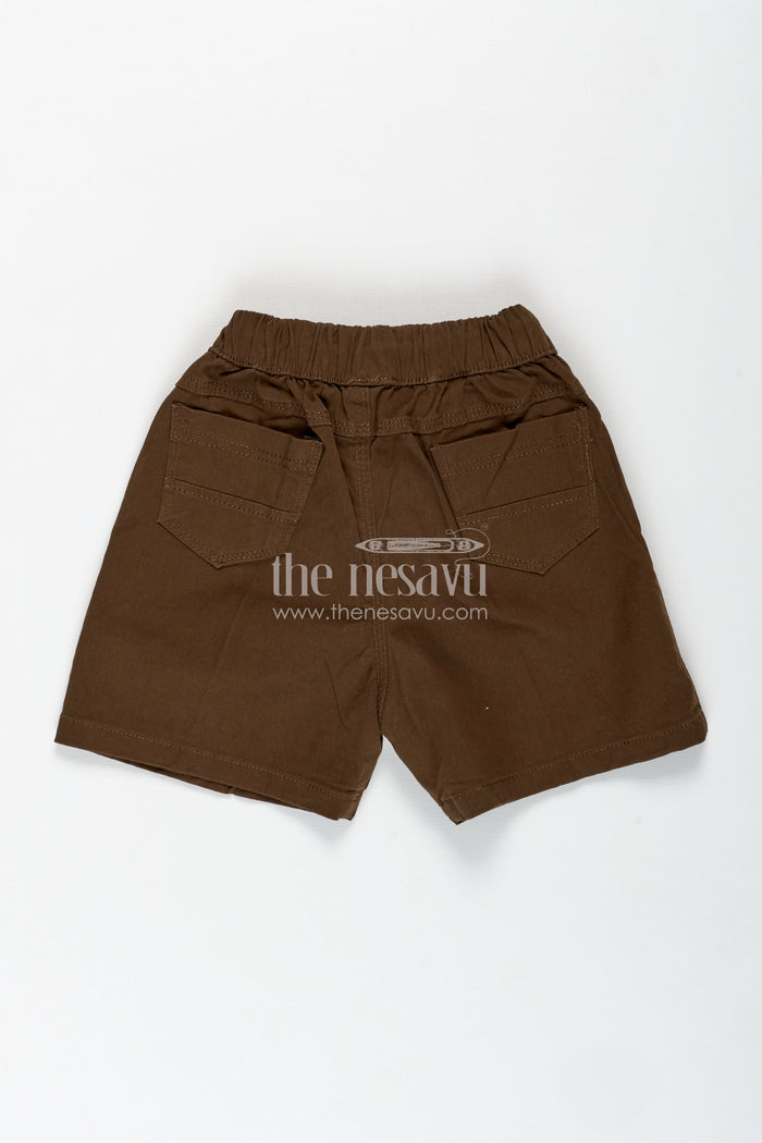 The Nesavu Boys Shorts Boys Brown Cotton Shorts with Drawstring Waist and Embroidery in Brown Short Shorts Style Nesavu Nesavu Boys Brown Cotton Shorts Embroidered Detail Adjustable Drawstring Waist