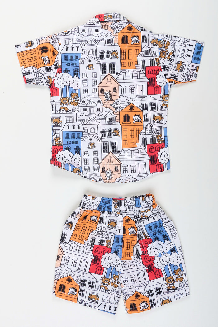 The Nesavu Boys Casual Set Boys cartoon city printed shirt and shorts set for everyday wear Nesavu Nesavu boys cotton cartoon printed co-ord set perfect for casual wear and summer playdates