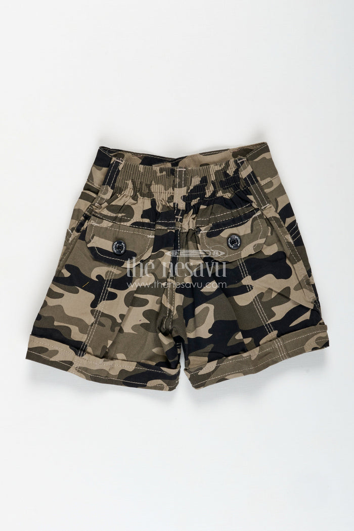 The Nesavu Boys Shorts Boys Cotton Cream Camouflage Shorts with Belt Loops and Twin Pockets in Cream Shorts Style Nesavu Nesavu Boys Cream Camo Print Shorts Belt Loops Pockets Cotton Adventure Style