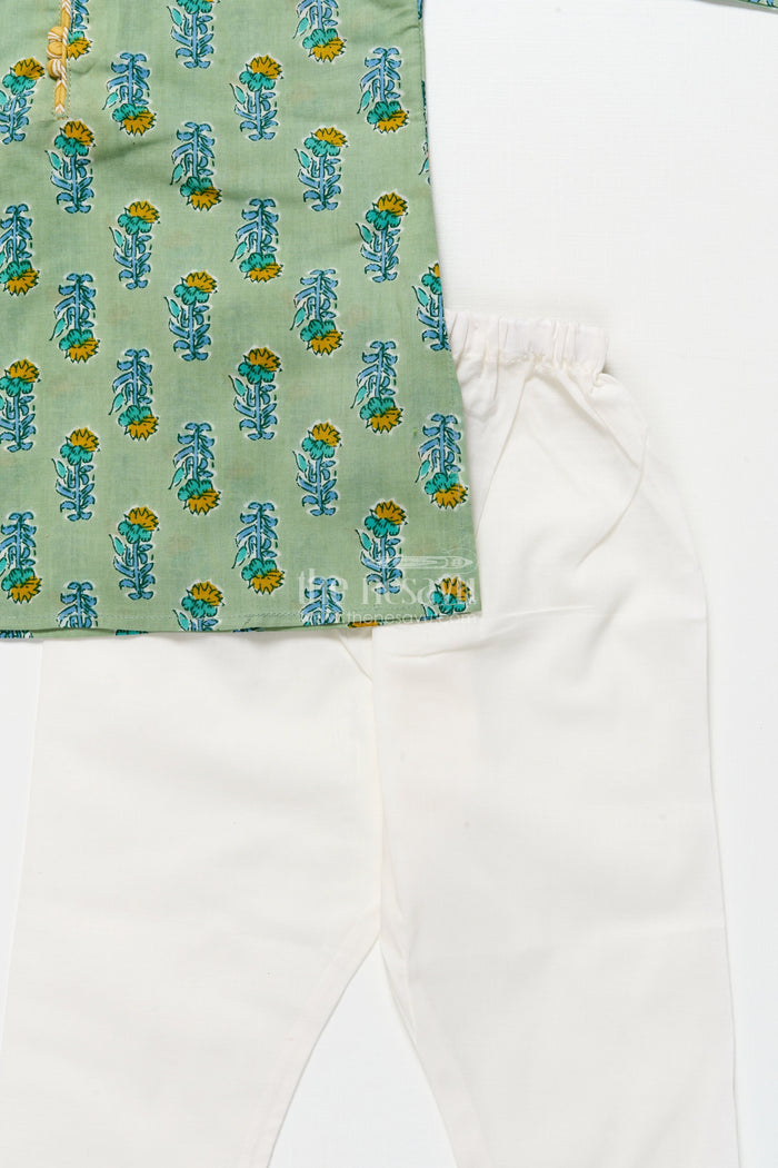 The Nesavu Boys Kurtha Set Boys Cotton Kurta Set for Casual Festive Wear and Family Outings Nesavu Nesavu boys cotton printed kurta set yoke detail ideal festive outings casual ethnic wear