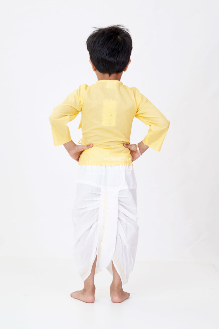 The Nesavu Boys Dothi Set Boys Dhoti Kurtha Set in Yellow Cotton with Embroidered Tie Wrap Style and Contrasting Dhoti Pants Nesavu Boys Cotton Dhoti Kurtha Set Embroidery Wrap Tie Design Festive Yellow | The Nesavu
