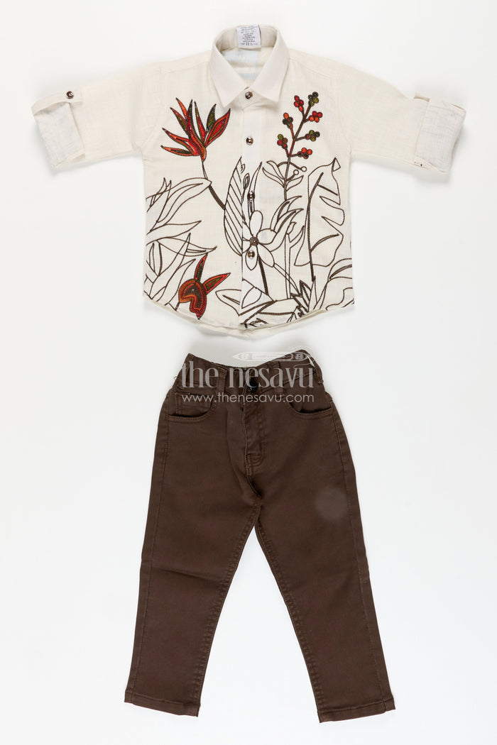 The Nesavu Boys Casual Set Boys Floral Embroidered Cotton Shirt with Trousers Casual Festive Wear Nesavu Nesavu boys casual cotton outfit floral embroidery perfect everyday festive looks