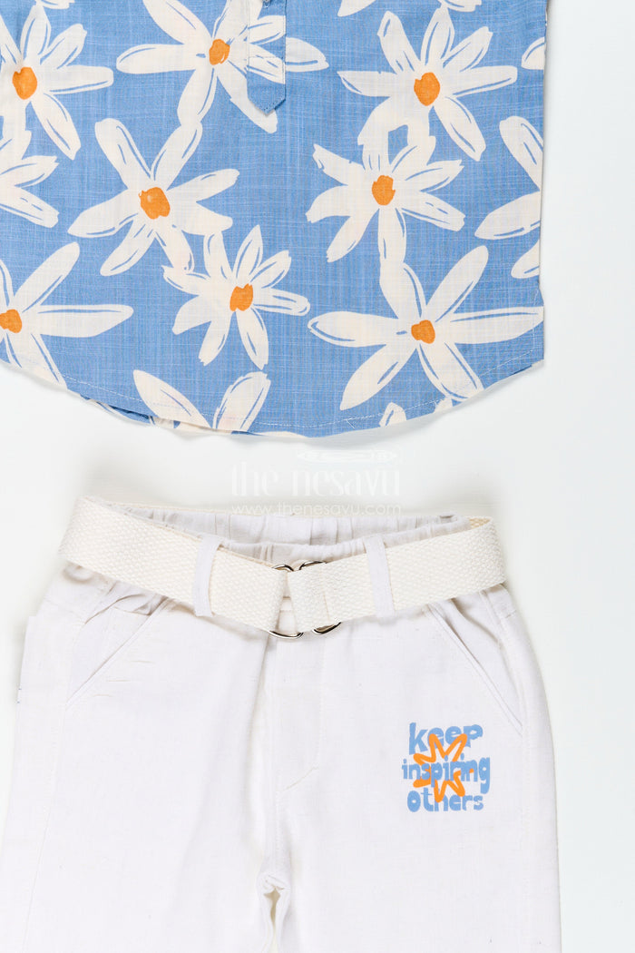 The Nesavu Boys Casual Set Boys Floral Printed Shirt and Pants Cotton Set for Vacations and Outings Nesavu Nesavu boys floral printed cotton set belt pants ideal travel casual outings