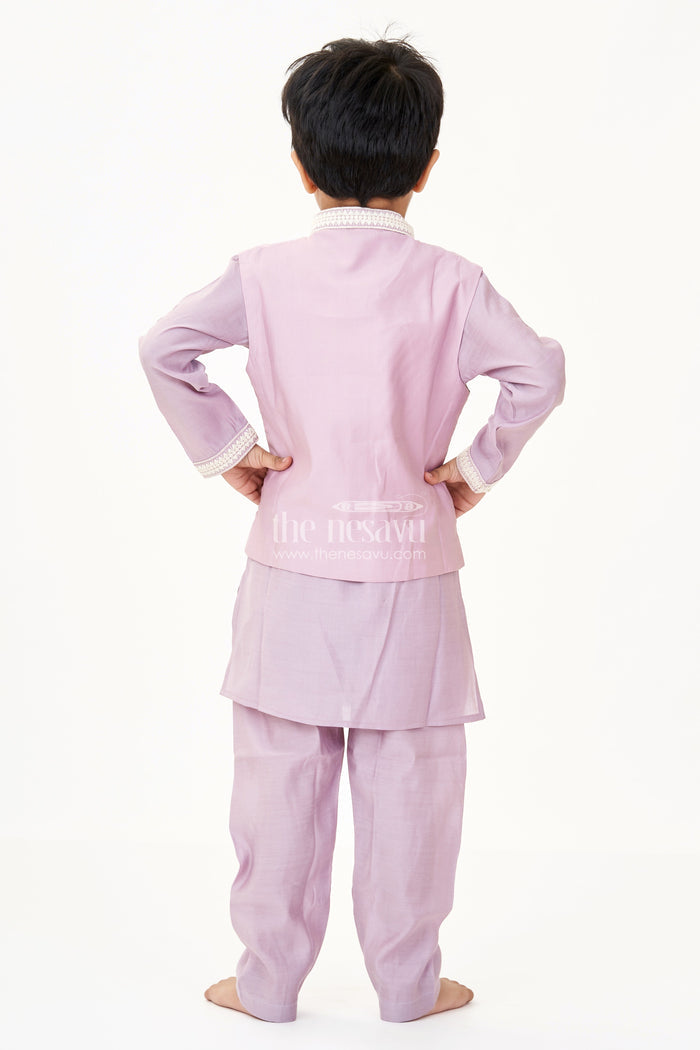 The Nesavu Boys Kurtha Set Boys Kurta with Pocket in Mauve Cotton Blend and Embroidered Thread Work Jacket Nesavu Boys Kurta Pocket Mauve Cotton Blend Thread Embroidered Jacket | The Nesavu