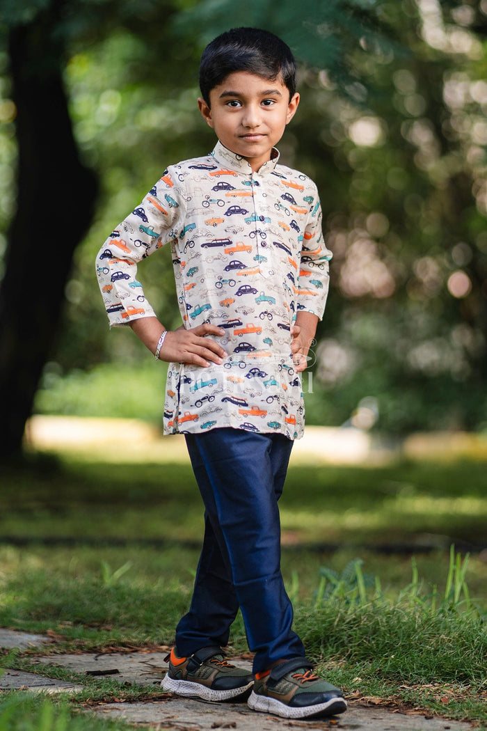 The Nesavu Boys Casual Set Boys Multicolor Kurta with Vehicle Print and Black Pants Set for Playdates and Casual Outings Nesavu Nesavu Boys Kurta Set Car Print Black Pants Casual Playdates Festive Gatherings
