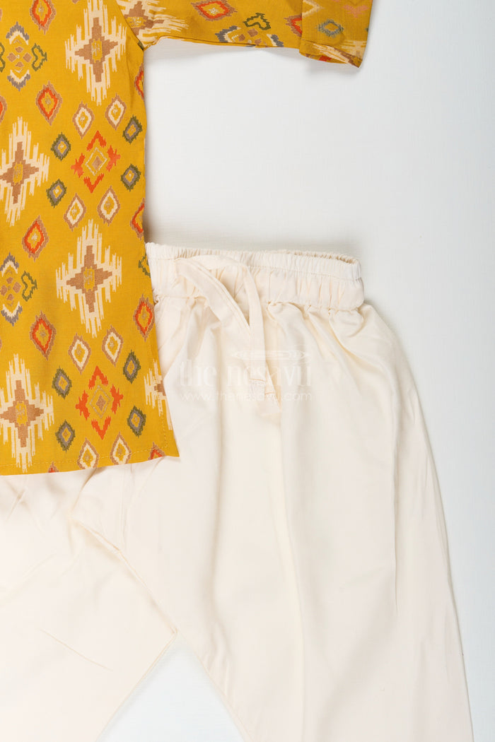 The Nesavu Boys Kurtha Set Boys mustard ikat print kurta and ivory pants set Nesavu Nesavu boys mustard ikat printed viscose modal silk kurta and ivory pant set festive ethnic wear