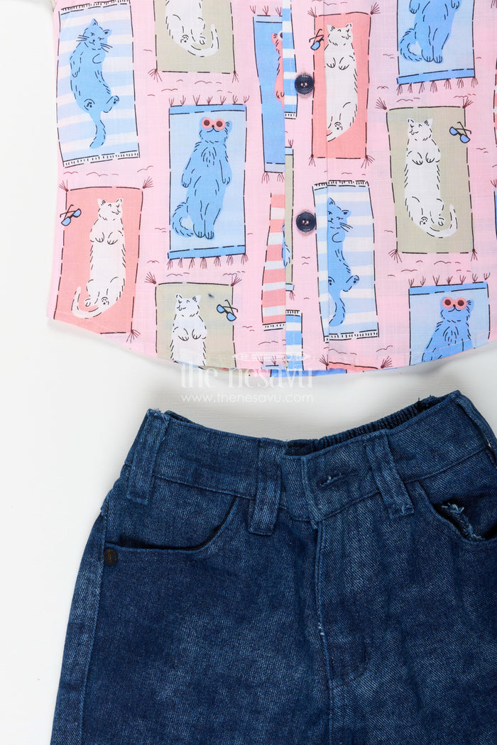 The Nesavu Boys Casual Set Boys pink cat print shirt and denim shorts set Nesavu Nesavu boys pink cat print shirt and denim shorts set fun casualwear for toddlers