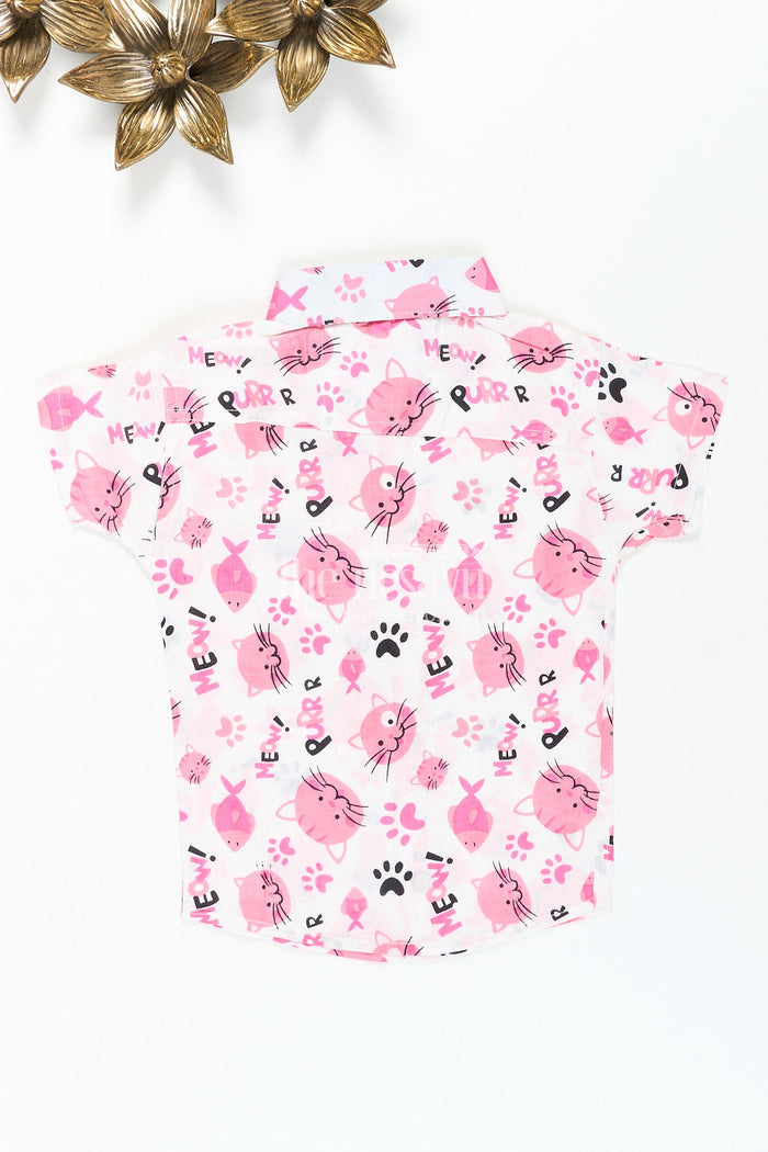 The Nesavu Boys Cotton Shirt Boys pink cat print shirt for birthdays and playdates Nesavu Nesavu boys cotton shirt pink cat print playful outfit birthdays everyday fun