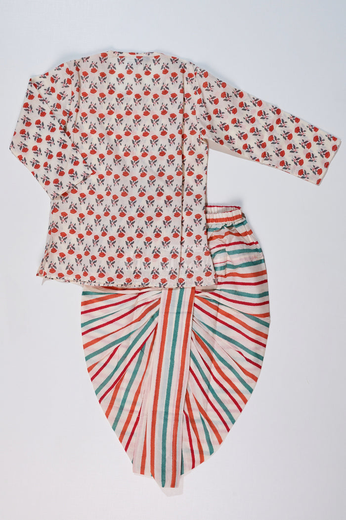 The Nesavu Boys Dothi Set Boys Readymade Dhoti Kurta in Red with Floral Printed Kurta and Striped Dhoti Nesavu Boys Red Floral Readymade Dhoti Kurta Striped Multicolor Dhoti | The Nesavu