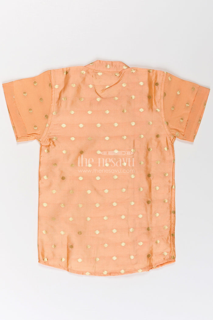 The Nesavu Boys Silk Shirt Boys Silk Dress Shirt in Banaras Designer Fabric with Subtle Zari Motif and Embroidered Trim Nesavu Boys silk dress shirt Banaras Designer Fabric Golden Motifs Embroidered Trim | The Nesavu