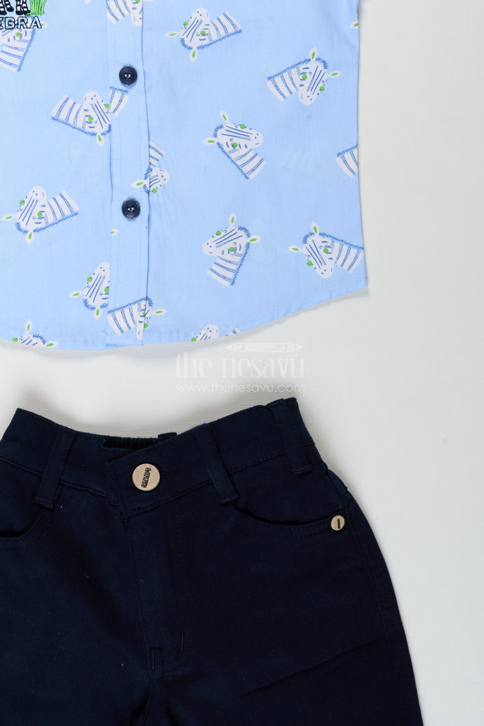 The Nesavu Boys Casual Set Boys white zebra print shirt and denim shorts set Nesavu Nesavu boys white zebra print shirt and black denim shorts set stylish casual outfit