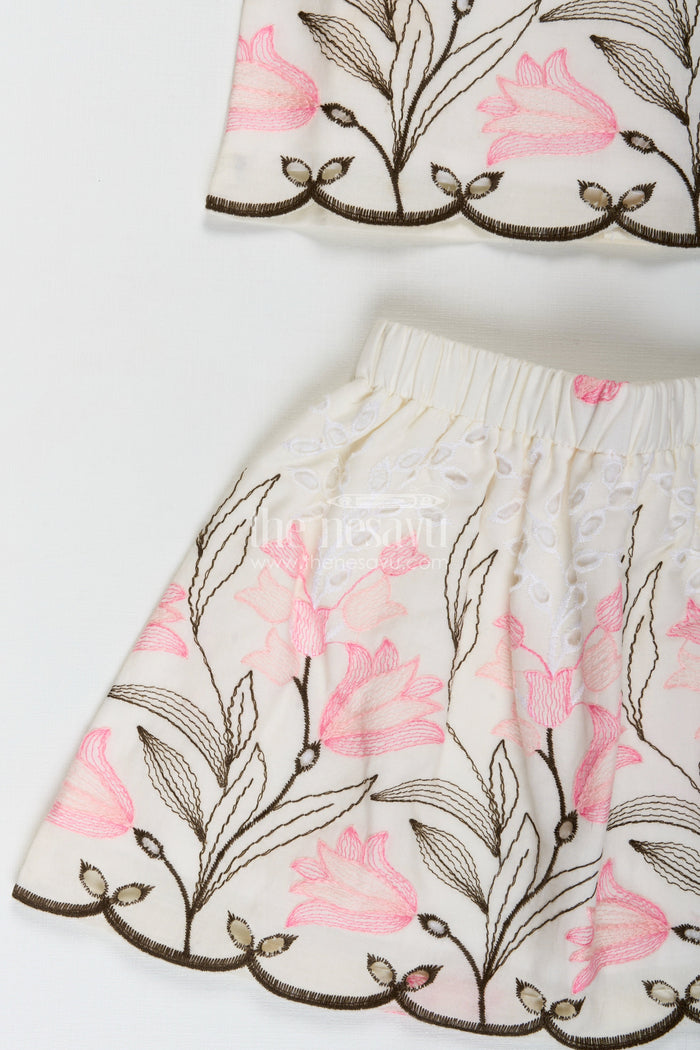 The Nesavu Baby Casual Sets Casual Baby Set for Girls Floral Everyday Wear Nesavu Nesavu Cute Baby Girl Cotton Casual Set Coral Thread Embroidery Comfortable Design