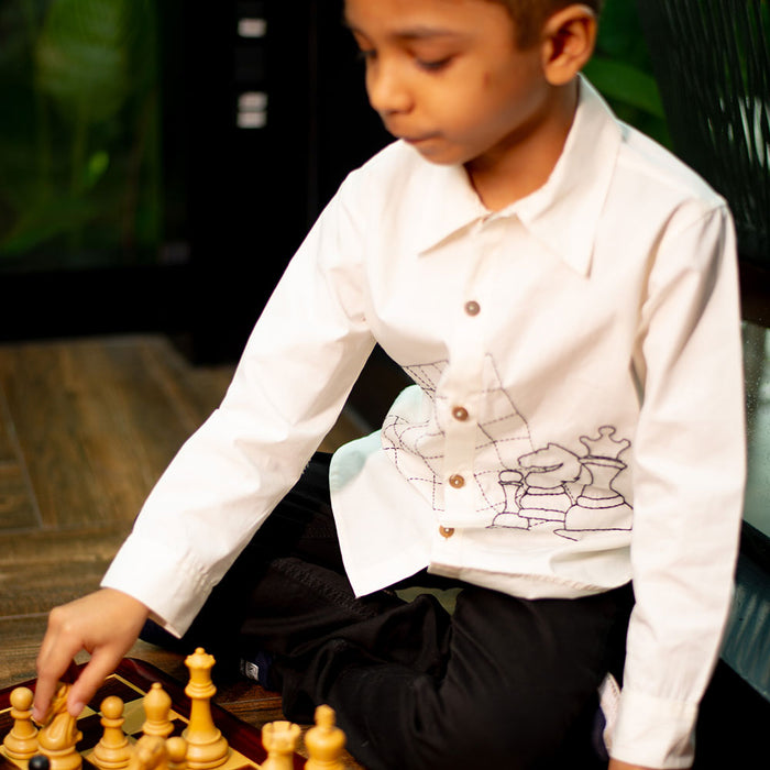 Chess Checkmate Embroidered Organic Cotton Shirt - White (1-10 Years)