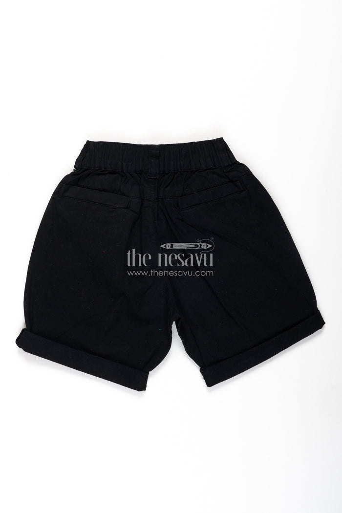 The Nesavu Boys Shorts Childrens Black Shorts in Cotton with Turned Hems and Soft Waistband for All Day Comfort Nesavu Childrens Black Shorts Cotton Turned Hem Design Adjustable Waistband | The Nesavu