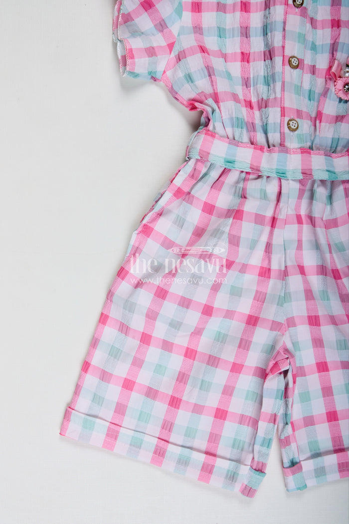 The Nesavu Girls Dungarees Comfortable Baby Casual Set Playsuit for Everyday Wear Nesavu Nesavu Green Checked Cotton Ethnic Playsuit Girls Dupatta Floral Applique