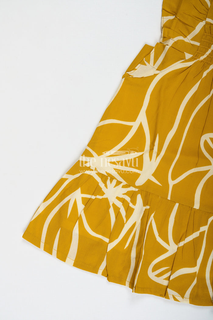 The Nesavu Girls Cotton Frock Cotton Frock with Knot Straps for Baby Girls Nesavu Nesavu Sleeveless Girls Cotton Frock Knot Shoulders Leaf Print Yellow Digital Fabric
