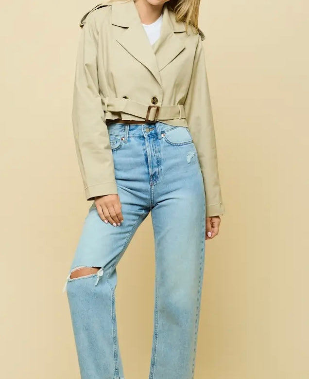 Cropped Belted Trench Jacket- Khaki