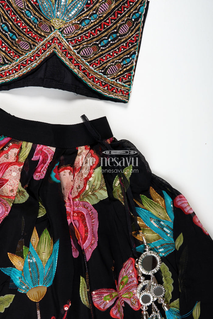 The Nesavu Girls Lehenga Choli Designer Lehenga Choli for Girls Zari and Stone Work Look Nesavu Nesavu Black Girls Designer Lehenga Zari Floral Embroidery Stone Work Grand Celebrations