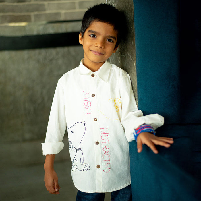 Easily Distracted Dog Embroidered Organic Cotton Shirt - White (1-14 Years)