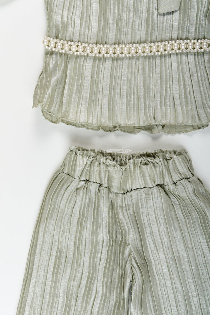 The Nesavu Girls Casual Set Elegant girls pleated georgette co-ord set with flared pants and stylish top Nesavu Green pleated georgette co-ord set girls Nesavu trendy traditional casuals