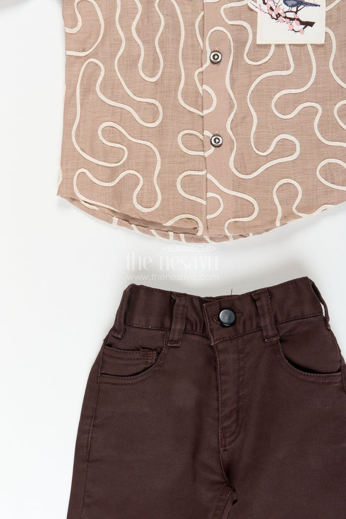 The Nesavu Boys Casual Set Embroidered Boys Casual Shirt and Trouser Set Smart and Breathable Daywear Nesavu Nesavu boys casual cotton outfit embroidery dark trousers everyday style