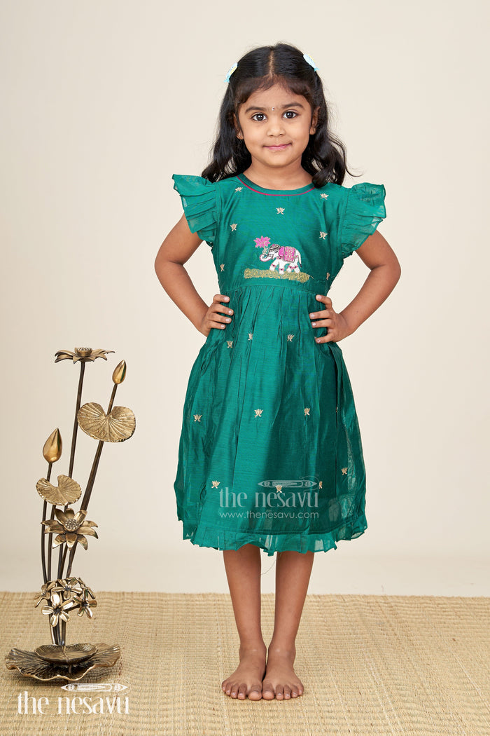 The Nesavu Girls Chanderi Frock Embroidered Chanderi Frock For Girls Festive Ethnic Wear Nesavu Nesavu Girls Green Designer Chanderi Frock Thread Embroidery Traditional Waist Bow