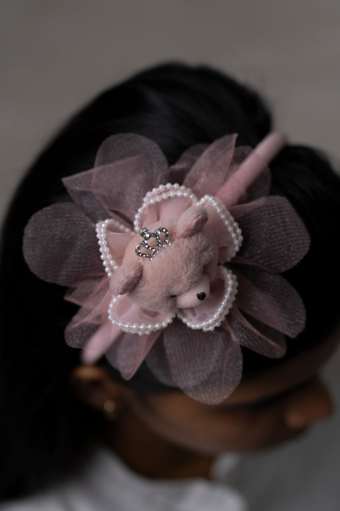 The Nesavu Hair Band Enchanting Plush Pink Teddy Bear Hairbow with Tulle and Pearls Nesavu Pink JHB78B Kids Hairbow with Pink Tulle | Charming and Soft Hair Accessory | The Nesavu