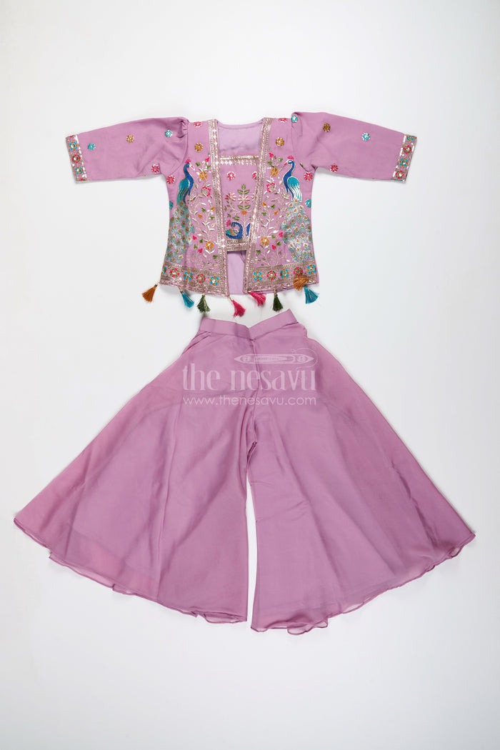 The Nesavu Girls Sharara / Plazo Set Ethnic plazo set with peacock-embroidered crop top – festive outfit for toddlers Nesavu Peacock embroidery plazo set girls Nesavu ethnic wear kids