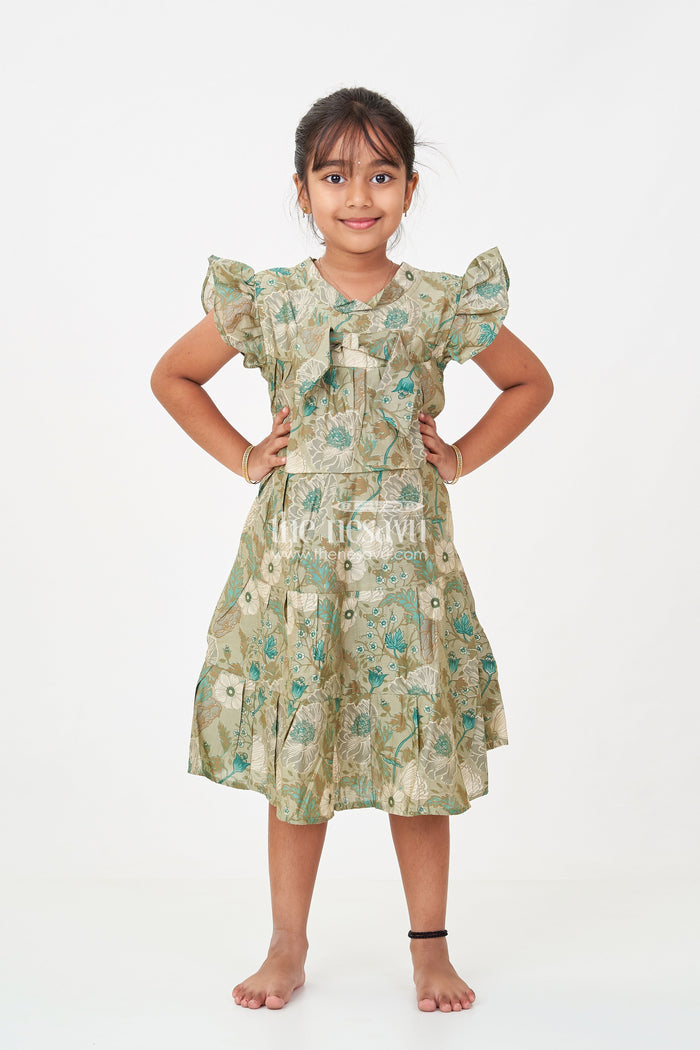 The Nesavu Girls Cotton Frock Flora Frock Dress in Modal Silk Modal Silk with Green Botanical Digital Print and Layered Ruffle Hem Nesavu 18 (2Y) / Green GFC1695A-18 Flora Frock Dress Girls Modal Silk Botanical Green Digital Floral Print | The Nesavu