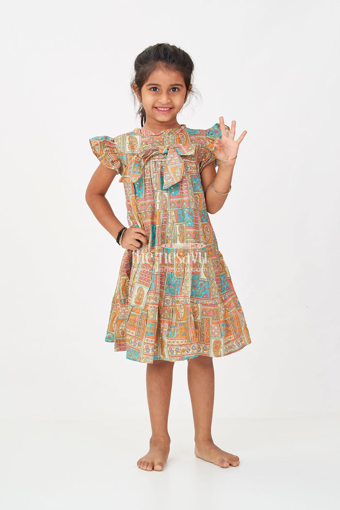 The Nesavu Girls Cotton Frock Frock Dresses for Girls in Pure Cotton with Multicolor Ethnic Digital Print and Ruffle Details Nesavu 18 (2Y) / Green GFC1700A-18 Frock Dresses Girls Cotton Multicolor Patch Digital Print Ethnic Flair | The Nesavu