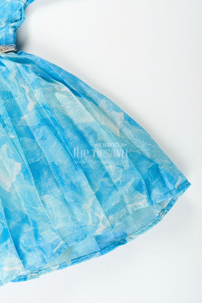 The Nesavu Girls Fancy Frock Girls blue floral digital print fancy frock Nesavu Nesavu girls blue floral digital print viscose silk frock puff sleeve party dress