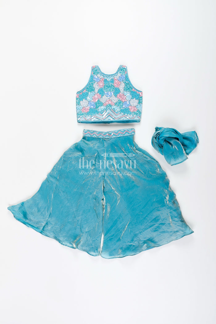 The Nesavu Girls Sharara / Plazo Set Girls blue sharara set with floral embroidered top for festive occasions Nesavu Nesavu blue sharara set girls organza silk embroidered top festive ethnic outfit
