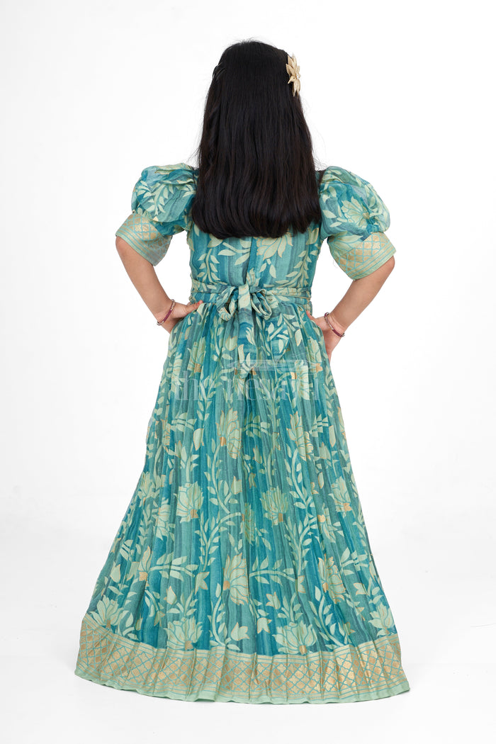The Nesavu Girls Party Gown Girls Bridal Party Gown in Brazo Fabric with Intricate Floral Pattern and Puffy Sleeves Nesavu Nesavu Girls Bridal Party Gown Brazo Fabric Floral Patterns Puffy Sleeves Weddings